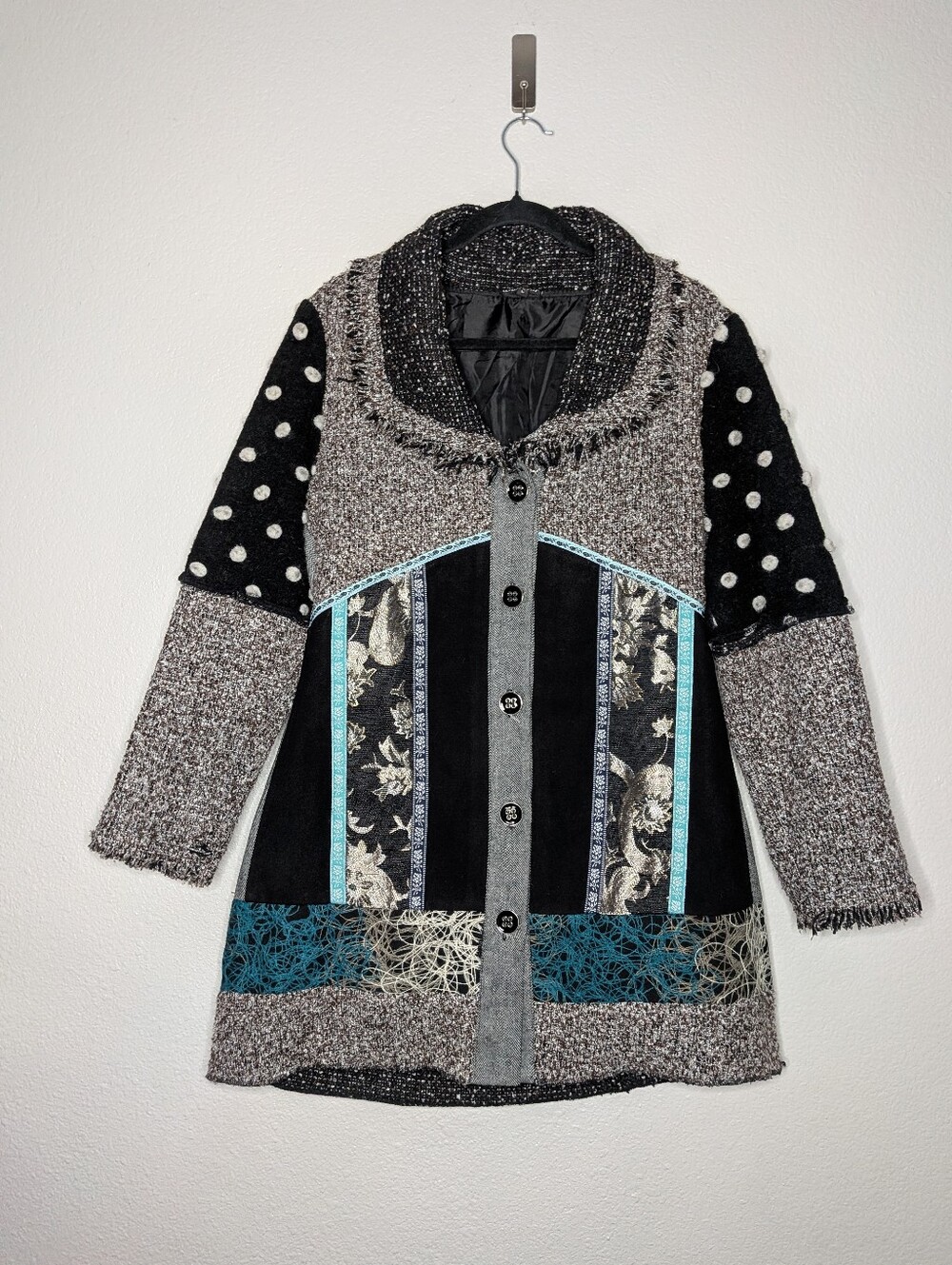 Dor Dor Black Gray Mixed Media Fabrics Artsy Lagenlook Teacher Patchwork Coat L